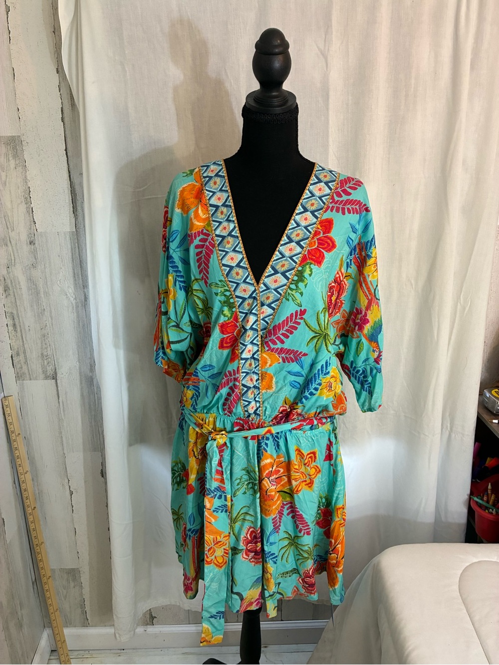Cupshe Turquoise Floral Midi Dress with V-Neck Sz L runs big on top